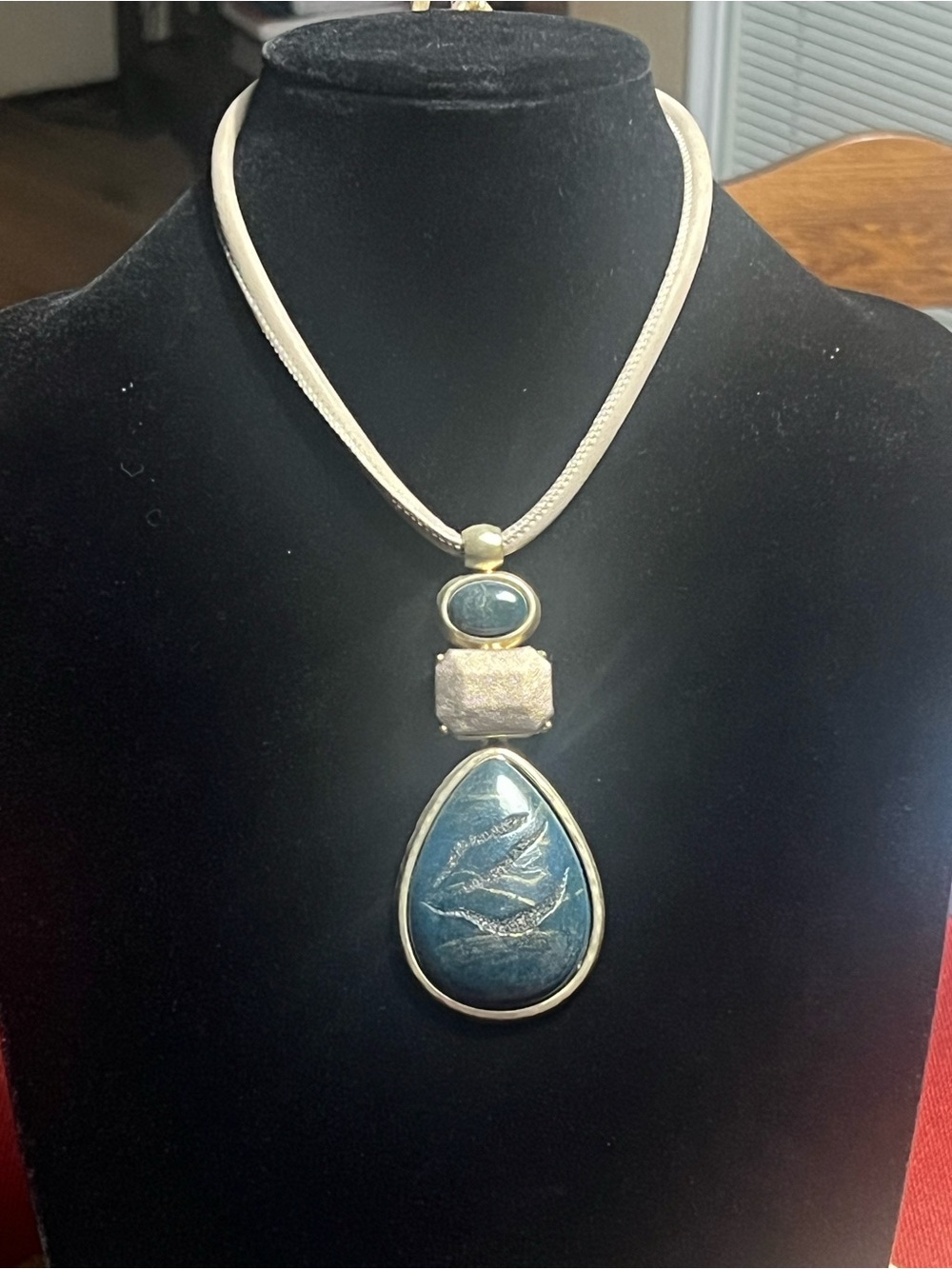 Chico's Blue Teardrop Pendant Necklace with Bronze Accents